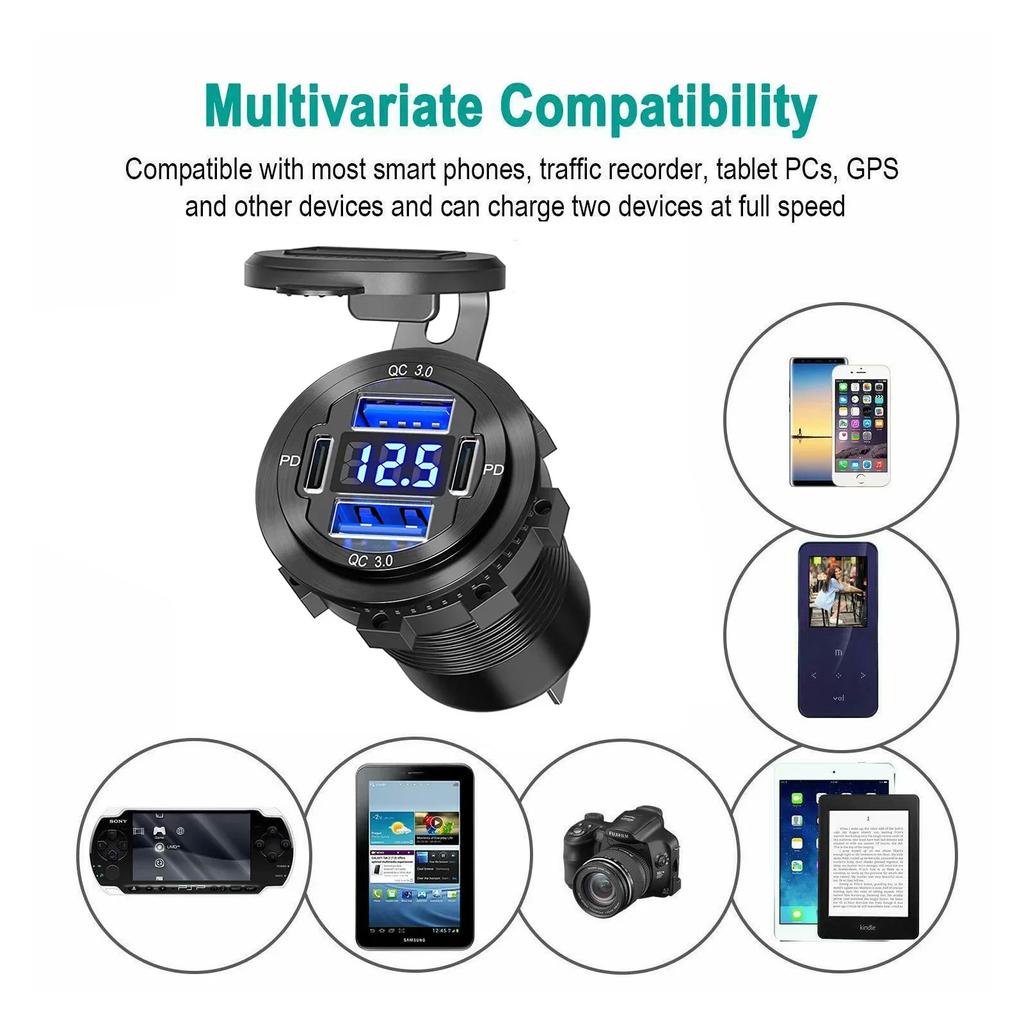 PD+QC3.0 Fast Charging USB Car Charger Socket with Voltmeter, Aluminum Alloy Waterproof Power Outlet