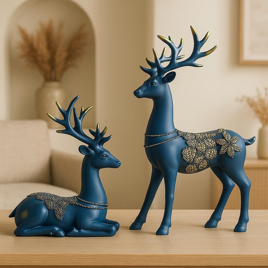 Creative Resin Golden Reindeer Sculptures | Beautiful Home Decor | Lifts Up Energy of Your Room - (Pack of 2, Blue)