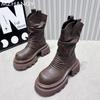 Fashion Women Platform Ankle Boots Mid Heels Leather Pleated Shoes Woman 2024 Trend Snow Boots New Goth Winter Motorcycle Boots Mujer