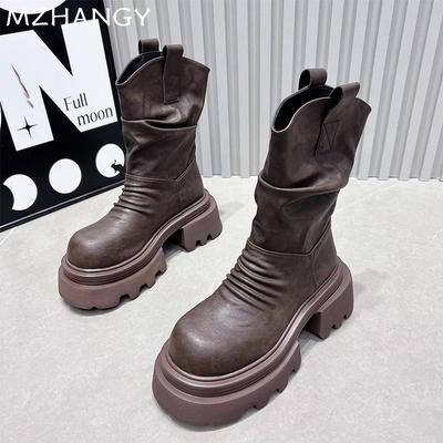 Женские ботильоны на платформе, кожаные туфли со складками на среднем каблуке, женские модные зимние ботинки 2024 года, новые готические зимние мотоциклетные ботинки Mujer