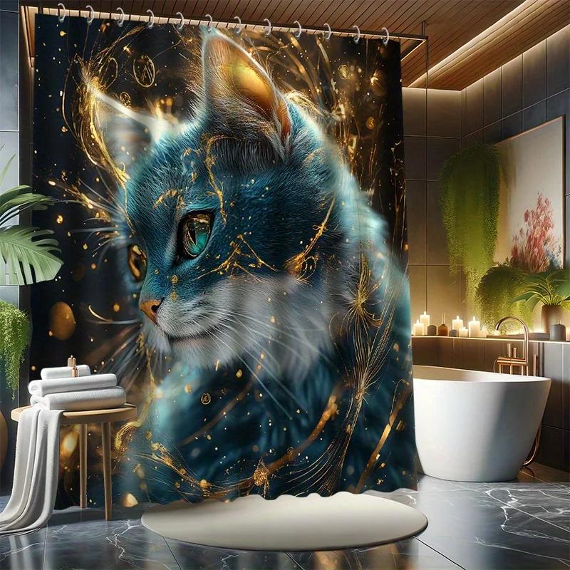 ~O~Милый Маленький Кот Набор Штор для Душа - Синий Кот, Включает 12 Крючков, Водонепроницаемый Полиэстер, Перегородка для Ванны, Современный Ванный Комнатный Де