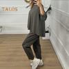 2 шт./комплект женский свитер брюки комплект круглый вырез длинный рукав топ эластичный пояс широкие спортивные штаны спортивный наряд осень повседневная одежда для поездок на работу