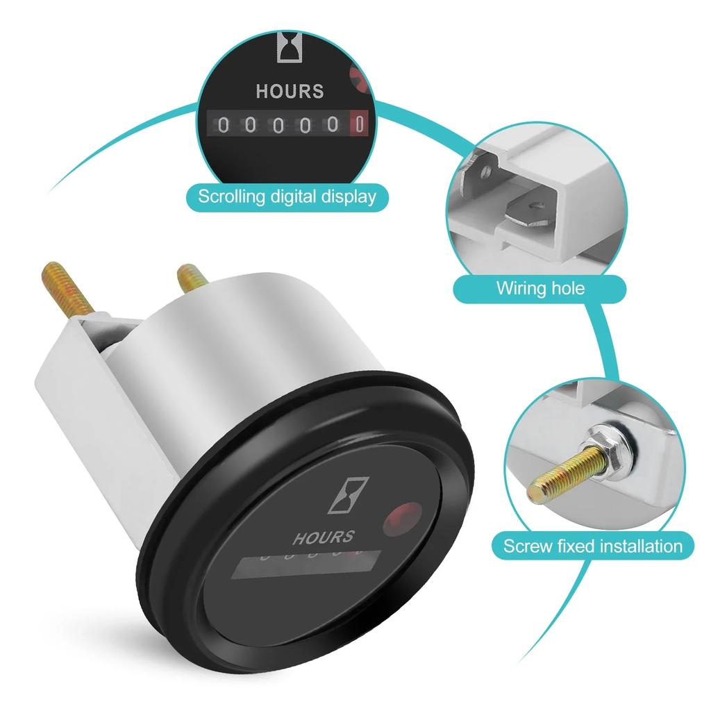 12‑36V DC AC 6 Digit Accurate Round Quartz Hour Meter Gauge Tester for Truck Engine Hour Meter Hour Boat Car Gauge Hour Tester