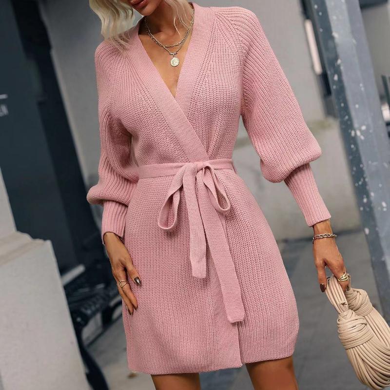 IHUASU Autumn and Winter Mid-length Cardigan Solid Colour Women's Knitted Tie Cardigan Jumper