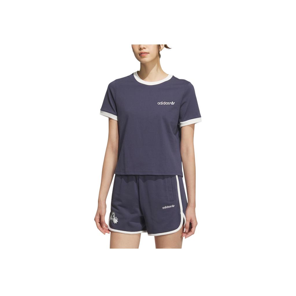 adidas Оригинальная ретро футболка с графикой для лагеря, простая футболка с круглым вырезом и короткими рукавами, женская, темно-синяя, JM7973