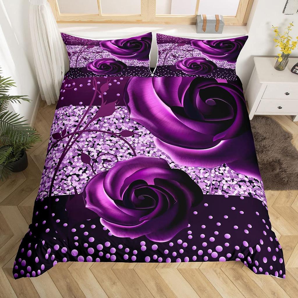 Purple Rose Duvet Cover Set Queen Size Romantic Flowers Bedding Set Valentine'S Day Floral Comforter Cover Lover Couple Gift