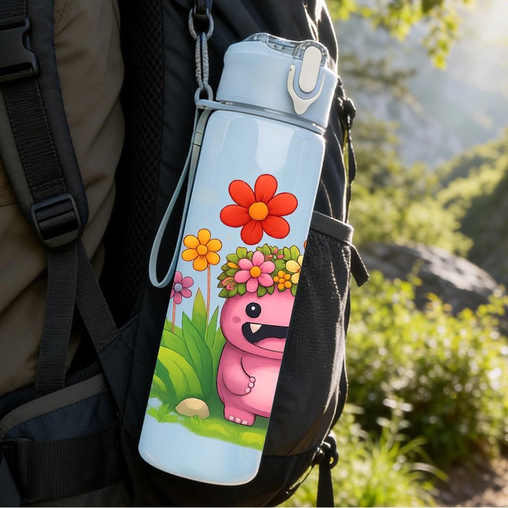 1PC Pink Monster Floral 750ml Color Plastic Sports Water Bottle Leakproof Flip Straw Lid Suitable for Sports Office Home Use