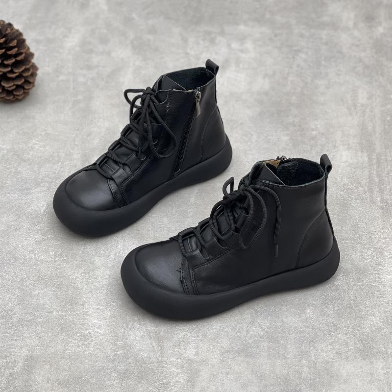 Johnature Handmade Genuine Leather Women's Shoes Retro Flat Versatile Soft Cowhide Lace Up Short Boots