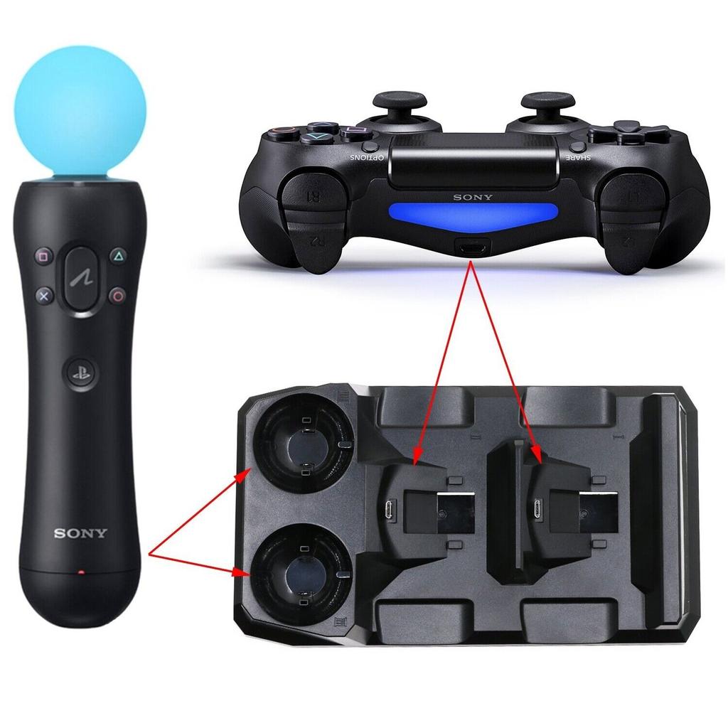 4 In 1 Charger for PS Move/PS4 Controller Gamepad Powered By Host USB, Fast Charging Base, with Charging Status Indicator, Controllers Organizer