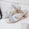 Temperament Lady with Skirt Mid-heel Sandals Woman 2025 New Thick Heel Fashion Sequins Two Wear One-word Buckle Sandals