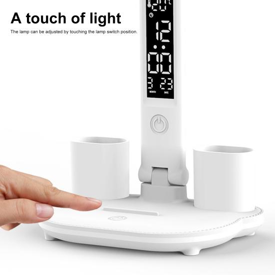 3-в-1 светодиодная настольная лампа с охлаждающим вентилятором, держателем для ручек, дизайном без мерцания, регулируемой яркостью, сенсорным управлением, многоугловым вращением, офисная настольная лампа