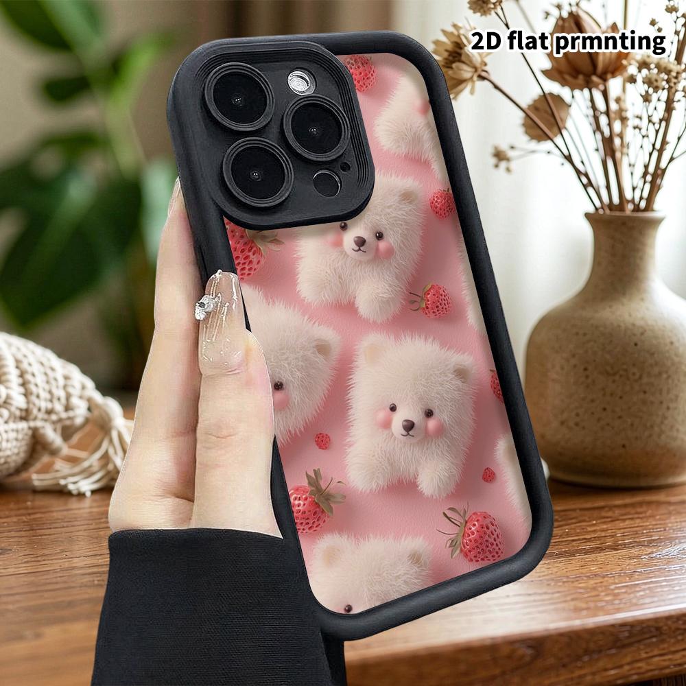 Phone Case: 2D flat, fits iPhone 18, 17, 16, 15, 14, 13, 12Pro protective case, strawberry little white bear, perfect Christmas and Halloween holiday