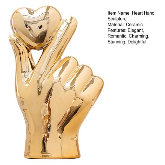 Жест любви Статуэтка одной руки Керамическая скульптура руки в форме сердца Золотисто-серебристое настольное украшение для гостиной, спальни, книжной полки, рабочего стола