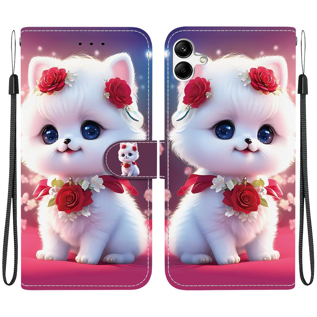 Чехол-книжка из искусственной кожи ручной работы для Samsung A04e/F04/M04 (SM-A042F/E045F/M045F)- Противоскользящий ударопрочный чехол с ремешком на запястье и дизайнами в виде сердец/роз и кошек
