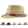 Men Sun Hat Solid Color Breathable Sun Protection Belt Decor Flat Top Sunshade Vintage Curled Edge Men Straw Hat Headwear