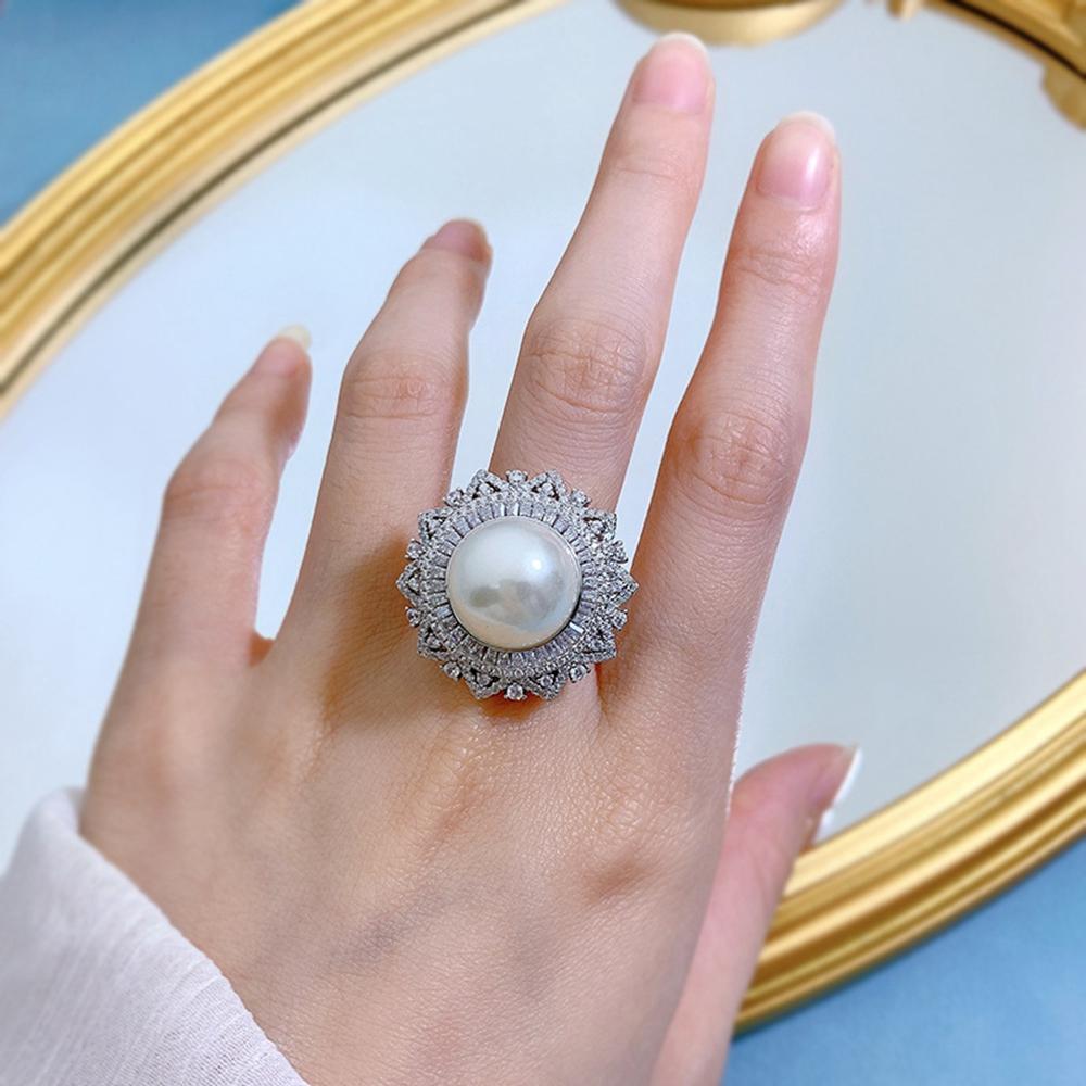 18k White Gold Pearl 14mm Faceted Gemstone Ring For Women Engagement Gift 925 Sterling Silver Luxury Jewelry