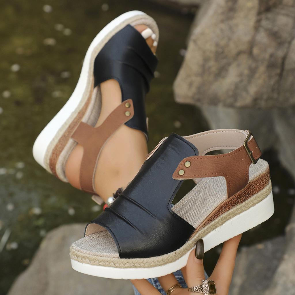 Plus Size Women's Sandals 2025 Summer New Flat Wedge Heel Fish Mouth Casual Buckle Wear Women's Sandals Outside