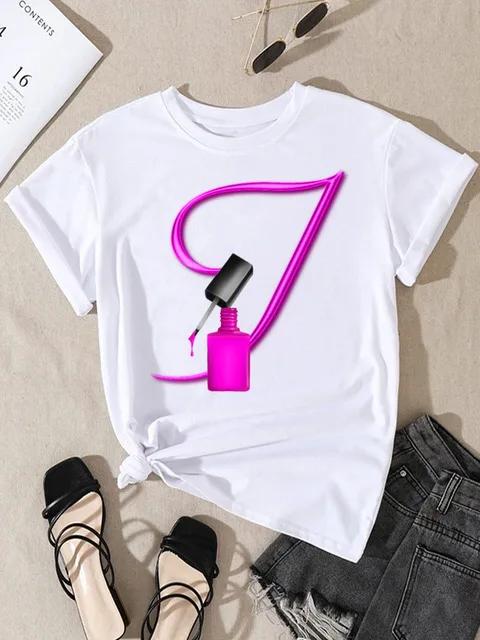 Summer Women's Short Sleeve T-shirt Dazzle Nail Polish Letter Print Large Size Shirt Fashion Girl Crewneck Tshirt Aesthetic Tee