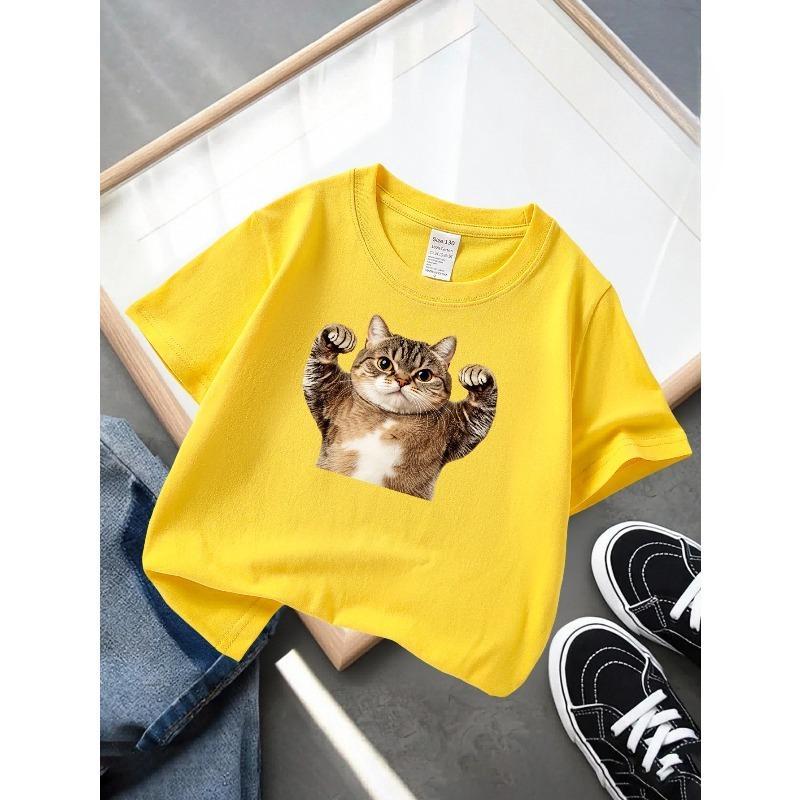 European sizes Boys' T-Shirt Cat Flexing Muscles with Paws Up, Ideal for Outdoor Activities, Soft Knitted Top, Comfortable And Breathable