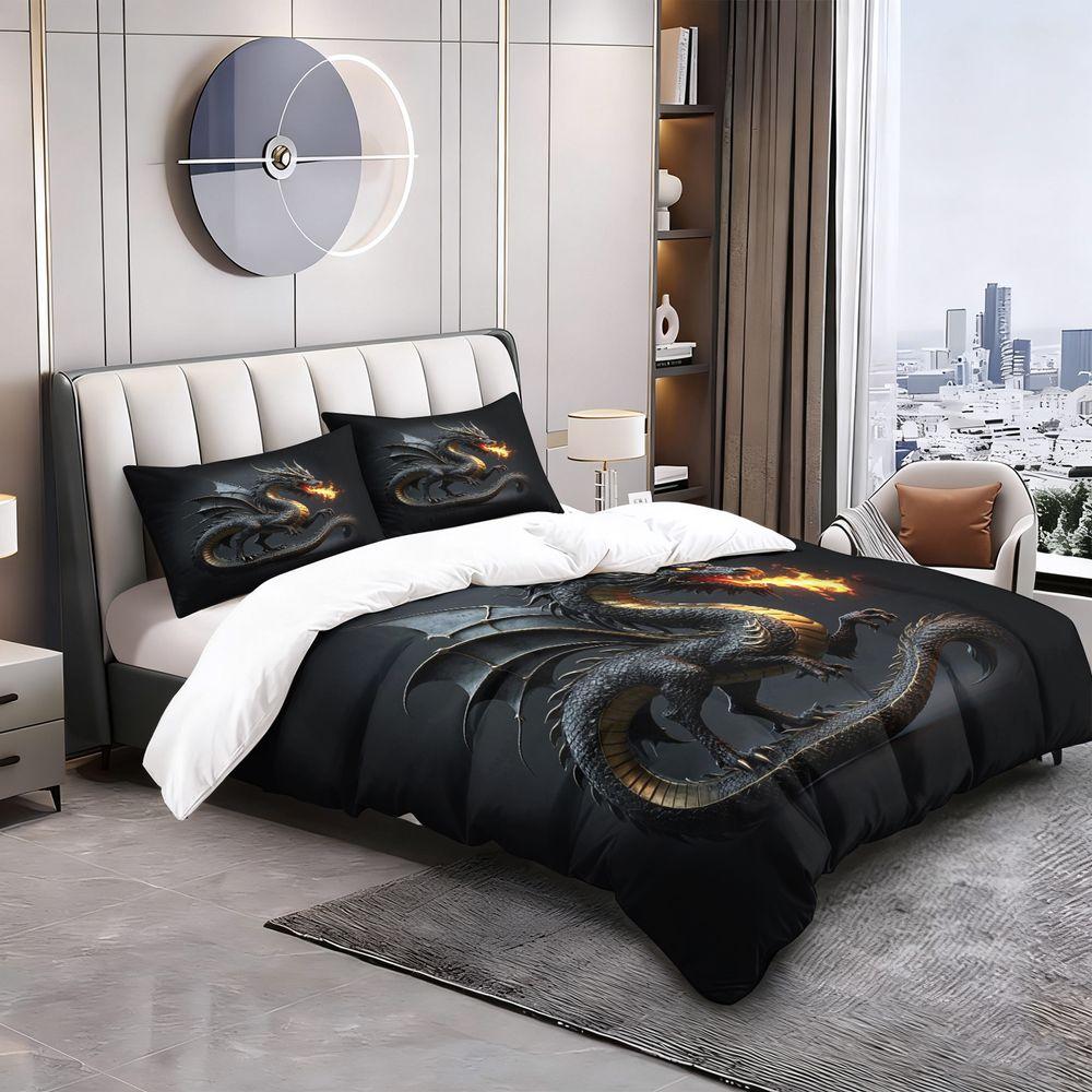 Fiery Dragon 3D Print Duvet Cover Set (1 Duvet Cover & 1/2 Pillowcase) Gothic Mythical Creature Bedding Set for Teen Boys Room