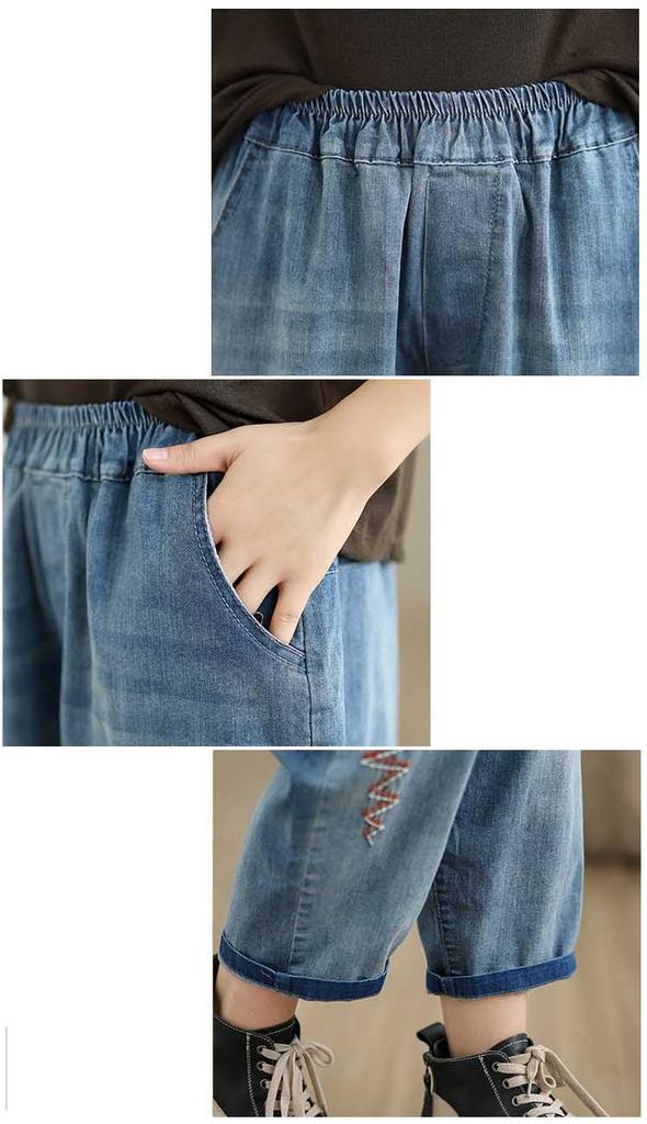 ZHENGTU Denim Gaucho Sarouel Loose Elastic Floral High Cute Women's Pants, Jeans, Fit, Waist, Embroidery, Waist, Flattering, Casual, (Blue, XL, XL)