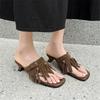 Fashion New Cow Suede Summer Slippers Square Toe Shoes for Women Fashion Tassels Slippers Handmade Mid Heel Pinch Toe Shoes Brown