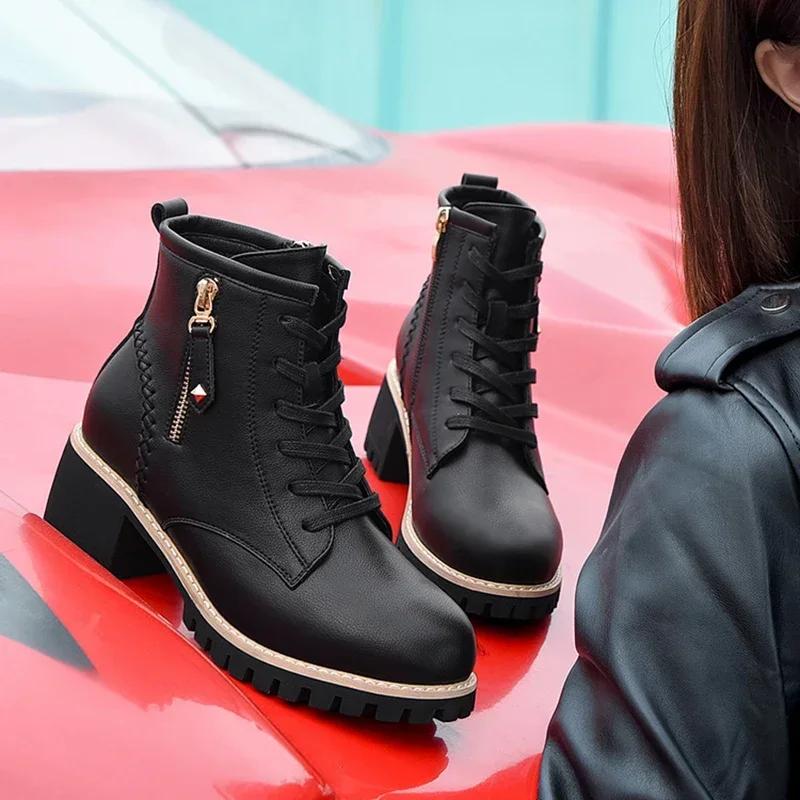 2024Hot Selling Women Shoes with Heel Boots Ankle Trend Autumn British Style Leather Thick Fur Ladies Short Boot Winter Footwear