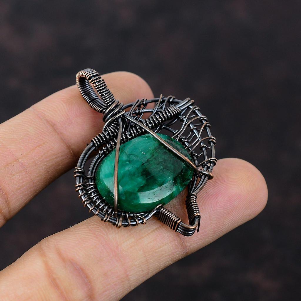 Ограненный замбийский изумрудный кулон из меди, обернутый медной проволокой, кулон ручной работы из медной проволоки, ювелирное изделие в подарок для нее, ювелирные изделия из натуральных драгоценных камней