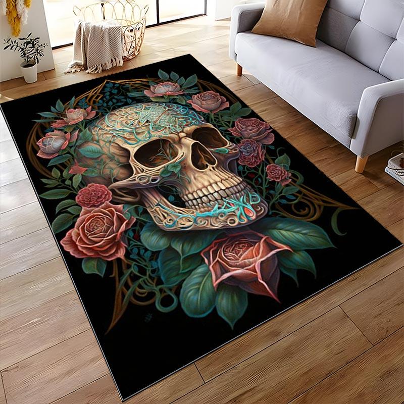 Decorative Artistic Skull Pattern Rug with Roses and Floral Design Suitable for use as an anti-slip for living room bedroom sofas