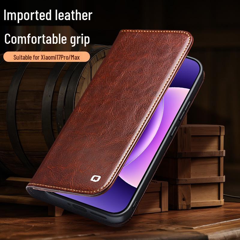 Чехол-книжка Chali из натуральной кожи для Xiaomi 17 Pro Max со подставкой и защитой объектива