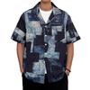 CHANGE WELL 2025SS Мода Лето Уличная одежда Японский принт Повседневная Рубашка с коротким рукавом с узором пэчворк Мужская с открытым воротником (СИНИЙ, М)