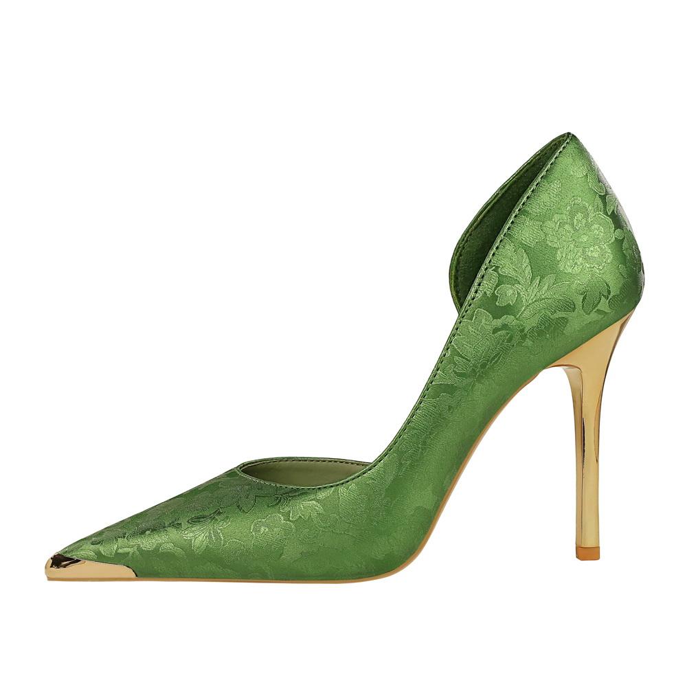 Banquet National Style Women's Shoes High Heels Thin Heel Shallow Mouth Side Hollow Satin Metal Pointed Single Shoes