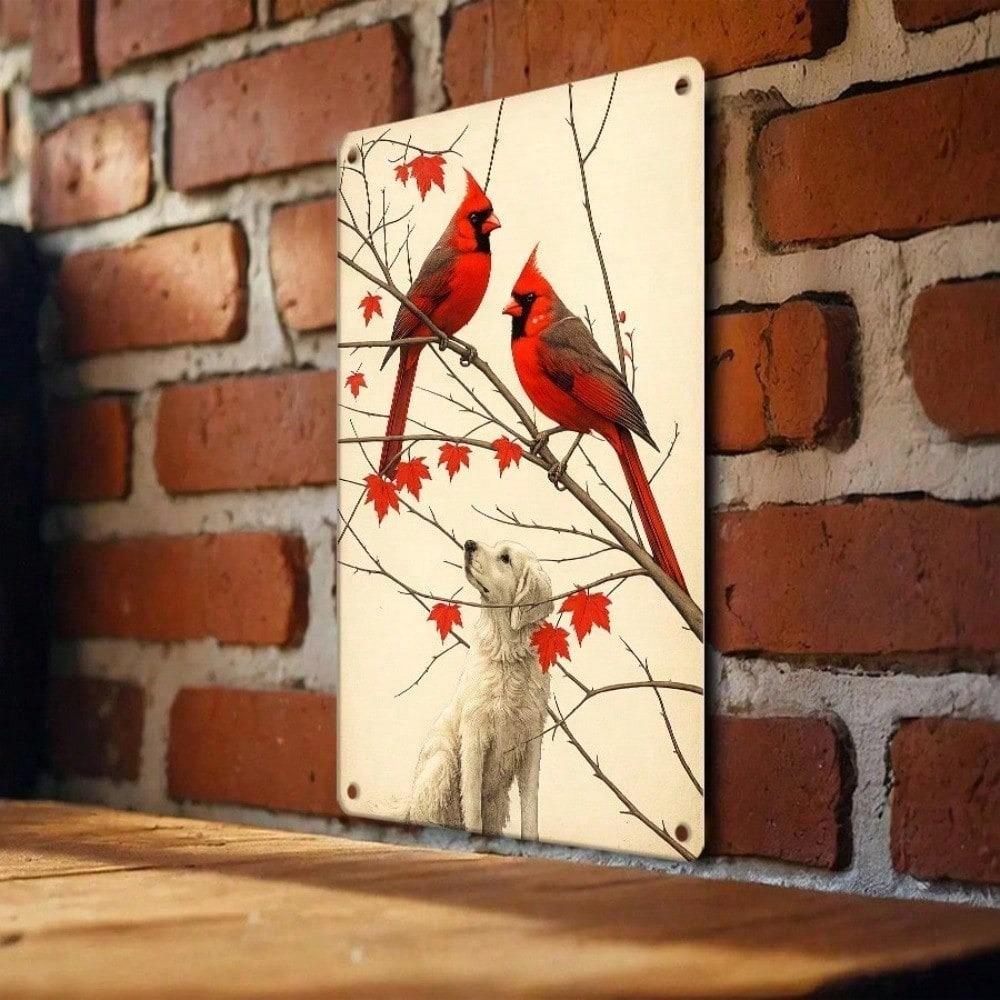 1pc Cardinals & Dog Retro Metal Tin Sign 12x8In 2D Flat Vintage Plaque Indoor Outdoor Wall Decor for Living Room Kitchen