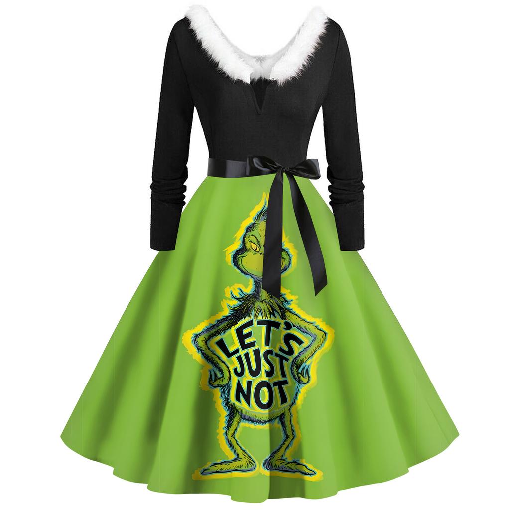 Women's Casual And Fashionable Long Sleeved V-neck Print Matching Zipper Dress