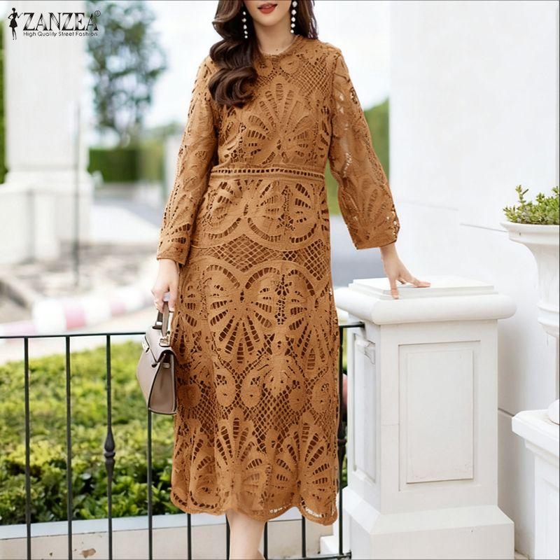 ZANZEA Women Fashion Lace Crochet Patchwork Casual Long Sleeve Dress
