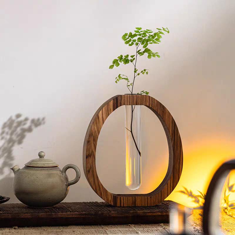Walnut Wood Chinese-Style Solid Wood Flower Vase Desktop Glass Mini Hydroponic Flower Holder Luxury-inspired Elegant Decorative