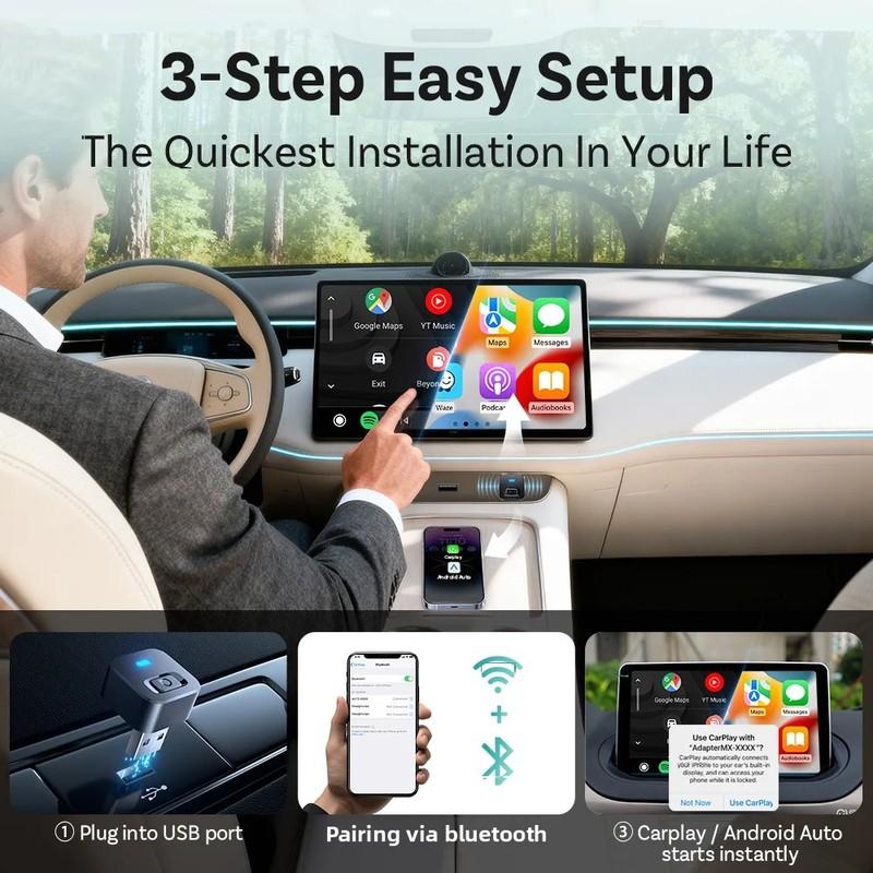 Беспроводной адаптер Ottocast Mini Dot CarPlay Android Auto, USB-донгл, Plug Play, Bluetooth 5.2, Wi-Fi, Автоматическое подключение для 98% автомобилей