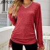 Осенне-зимняя однотонная свободная футболка с длинным рукавом и V-образным вырезом для женщин