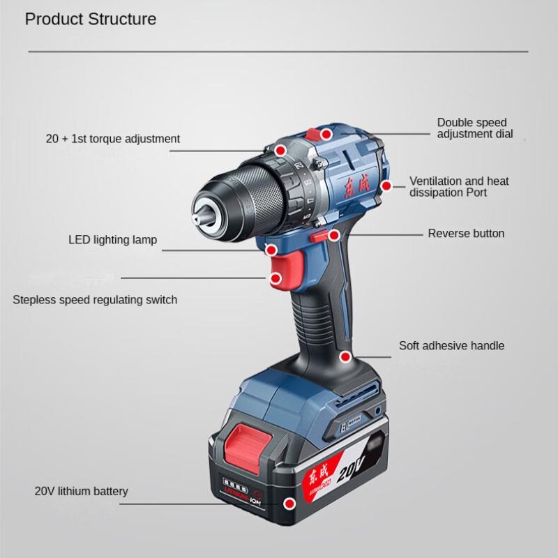 Бесщеточная ударная дрель Dongcheng, зарядка литиевой батареи, ручная электрическая дрель, бытовая отвертка, электроинструмент DCJZ2060EM