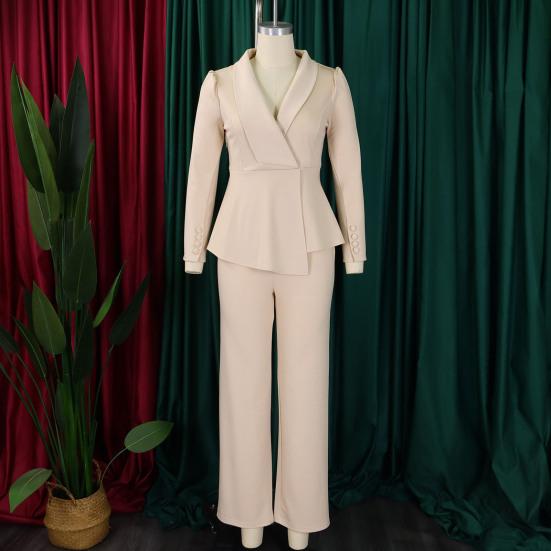 Женские костюмы больших размеров из двух предметов, блейзер с длинными рукавами и оборками, с неровным подолом, и брюки, деловой костюм, офисный рабочий комплект