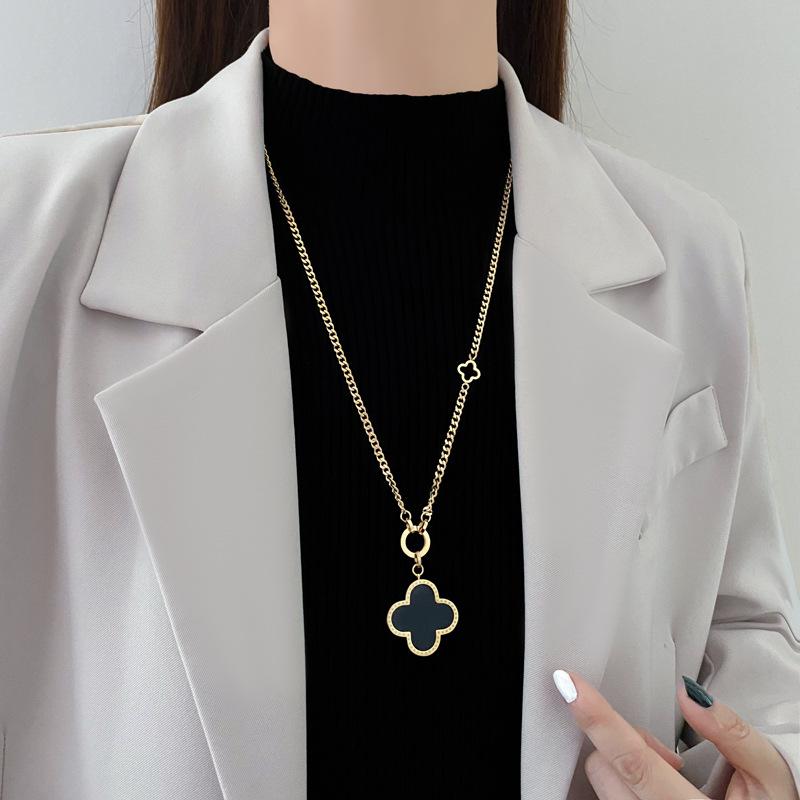 Titanium Four Steel Jmxd Stunning Leaf Clover Pendant Sweater Chain Necklace High End Elegant Womens Fashion Jewelry Lucky Charm Gift Idea