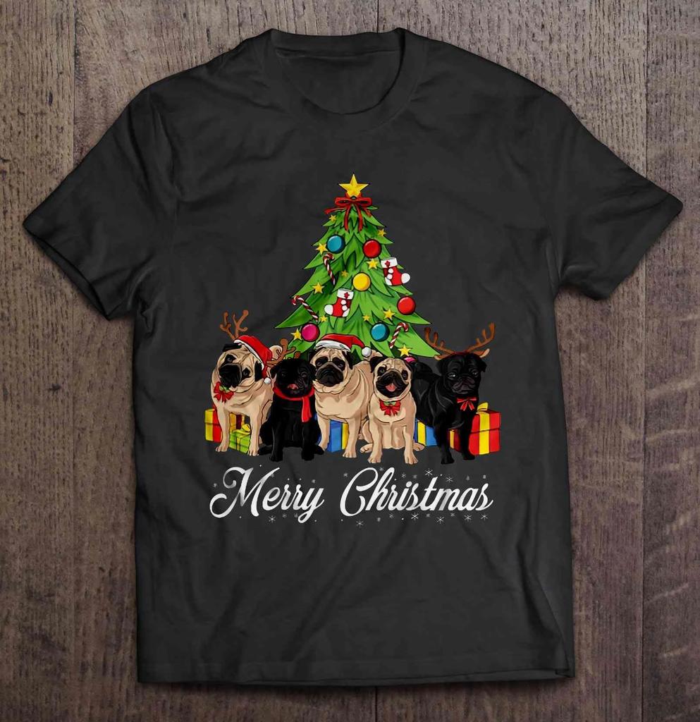 Funny Merry Christmas Reindeer Pug Dog Christmas Tree TShirt 100 Cotton ONeck Short Sleeve Casual Mens Tshirt Size S3XL