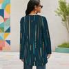 Women Plus Size Round Neck Long Sleeve Dark Blue Printed Loose High Low Hem Shirt