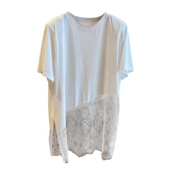 Women T-shirt Round Neck Short Sleeve Mid-length Tops Solid Color Side Slit Design Lace Splicing Tee Shirt Daily Wear