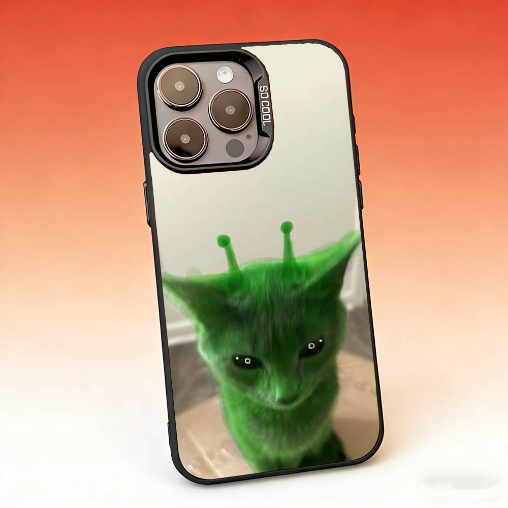 Funny Green Alien Cat Phone Case For iPhone 17,16,15,14,13,12,11,Pro,Max,Plus,Mini,SE,Air Candy Matte Shockproof Cover