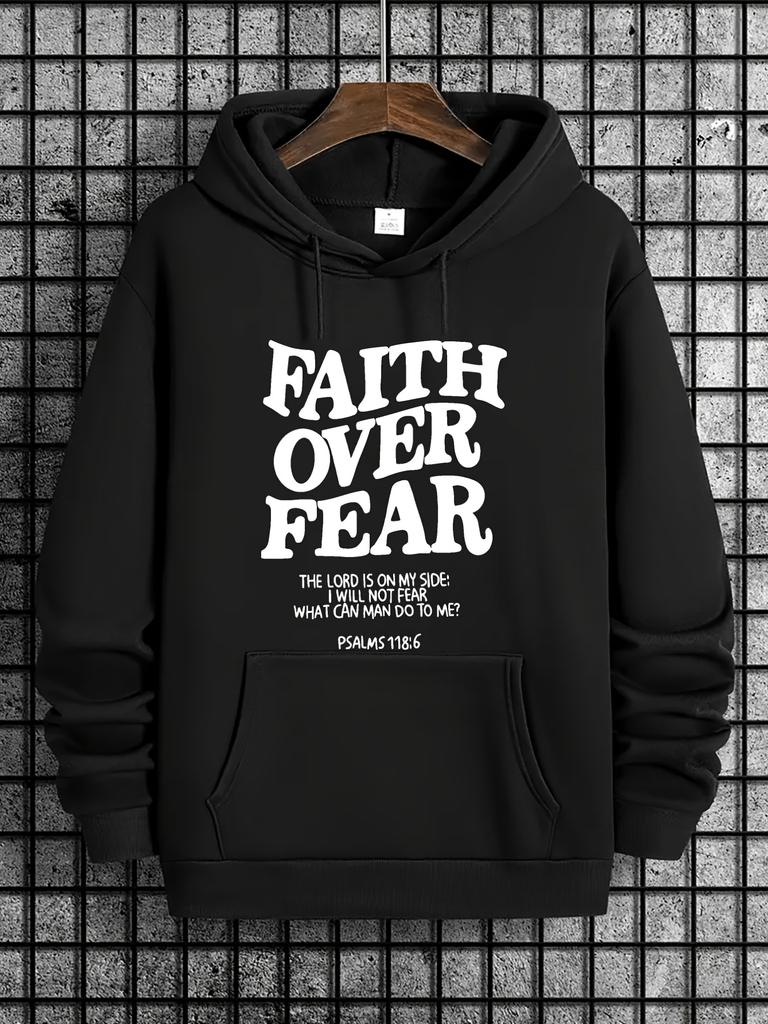 Faith Over Fear E with Bold Print Ed Sweat Crew Street Style Sweat for Outings250g Heavyweight Pullover with Pocket Adjustable Dra