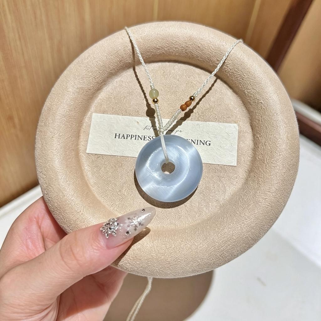 Cat Eye Stone Peace Pendant Necklace for Women, Chinese Style Round Pendant, Adjustable Chain, Blessing Gift
