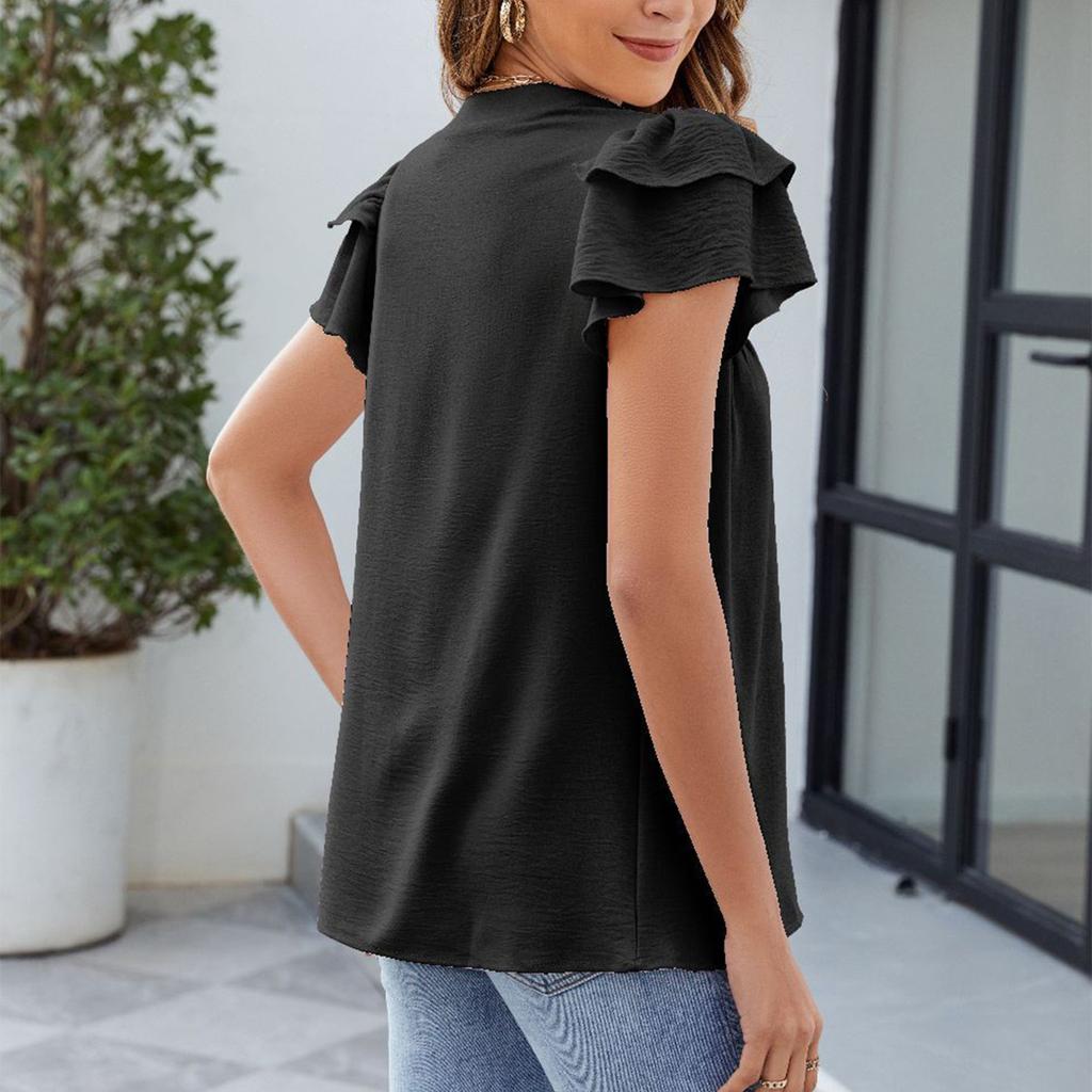 Весна и лето Новые однотонные футболки с V-образным вырезом и коротким рукавом Модные топы с оборками для женщин