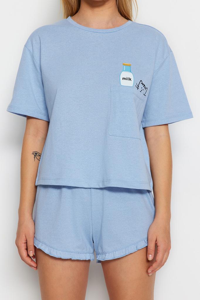 Women's Fashion New Pajama Set Gray Cotton Printed T-shirt-Shorts Knitted Pajama Set