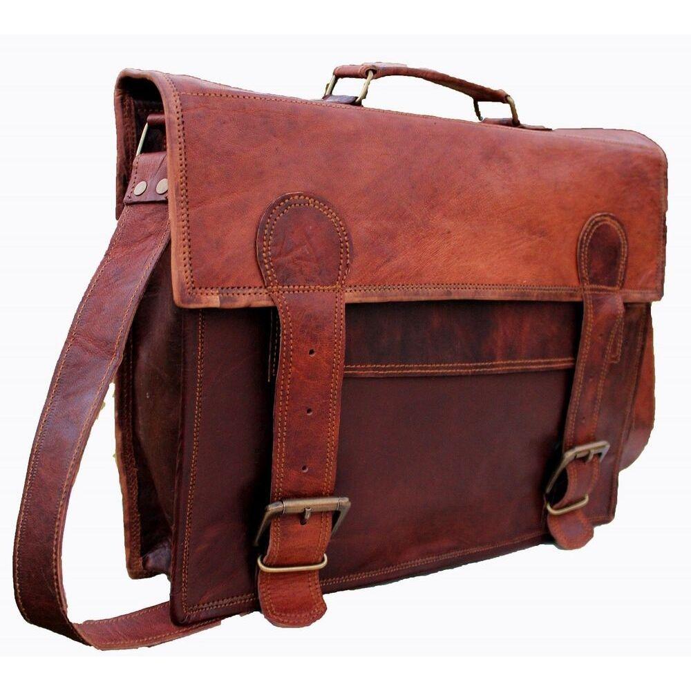 New 17" Men Real Goat Leather Vintage Brown Messenger Office Laptop Bag